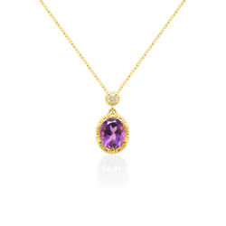【現貨 1 件】K18 黃金二月誕生石紫水晶天然鑽石橢圓形項鍊 Miwa Jewelry 第2張的照片