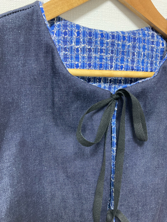 岡山デニム　ツイード   春　ベスト　コットン　綿　自然素材　デニム　ジレ　リボン　ブルー 2枚目の画像