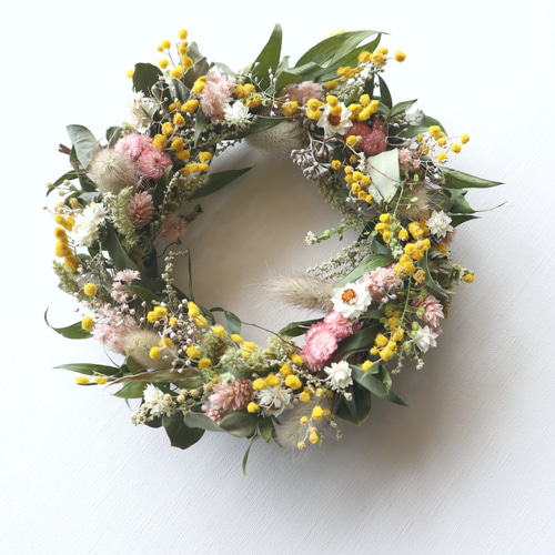 春を呼ぶミモザリース　桜色 春を呼ぶミモザリース 桜色オーバルリース 春を呼ぶミモザリース 桜色