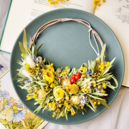 造花】ミモザの2wayハーフリース春リース