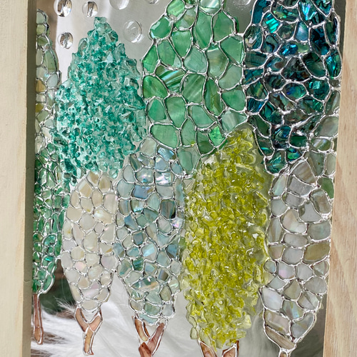 木々と水玉雨粒のインテリアフレーム シェルアート ステンドグラス風