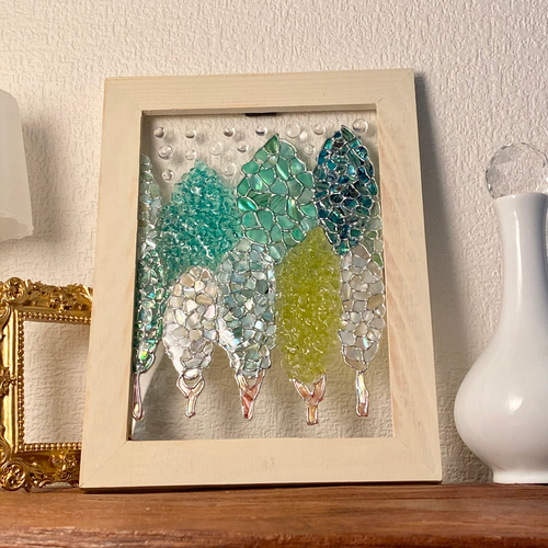 木々と水玉雨粒のインテリアフレーム シェルアート ステンドグラス風