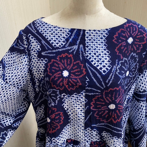 有松絞り ワンピース M~L パフスリーブ 綿 着物リメイク 浴衣 有松絞り ワンピース M~L パフスリーブ 綿 着物リメイク 浴衣