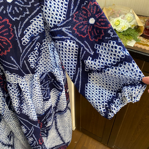 有松絞り ワンピース M~L パフスリーブ 綿 着物リメイク 浴衣 有松絞り ワンピース M~L パフスリーブ 綿 着物リメイク 浴衣