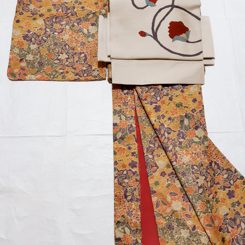 ワンタッチ着物 くらわん着物 洗える着物リメイク 茶系辻が花模様 着物