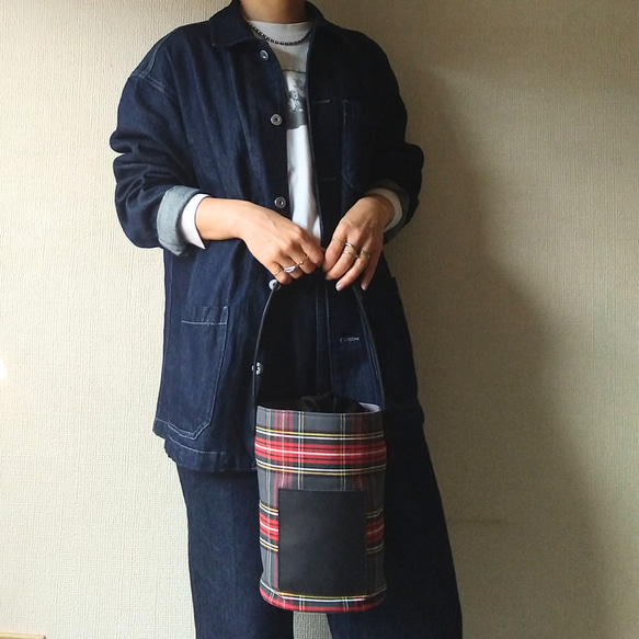 bucketbag 【gray check×black leather】 8枚目の画像