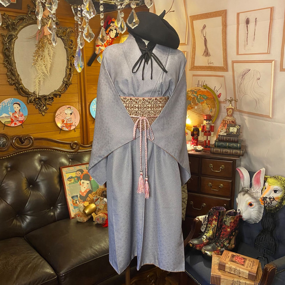 着物 洗える 化繊 ワンピース ドレス ハンドメイド リメイク 帯サッシュベルト  KW-238 4枚目の画像