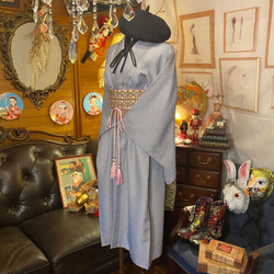 着物 洗える 化繊 ワンピース ドレス ハンドメイド リメイク 帯サッシュベルト  KW-238 5枚目の画像