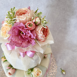 ダイパーケーキ　ピンクオムツケーキ　ブーケ付きおむつケーキ　出産祝い 6枚目の画像