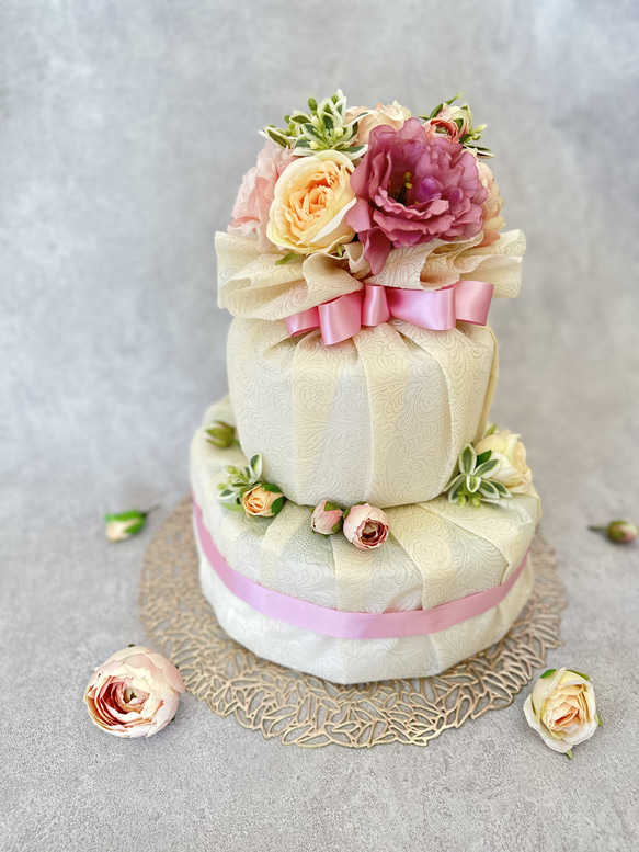 ダイパーケーキ　ピンクオムツケーキ　ブーケ付きおむつケーキ　出産祝い 3枚目の画像