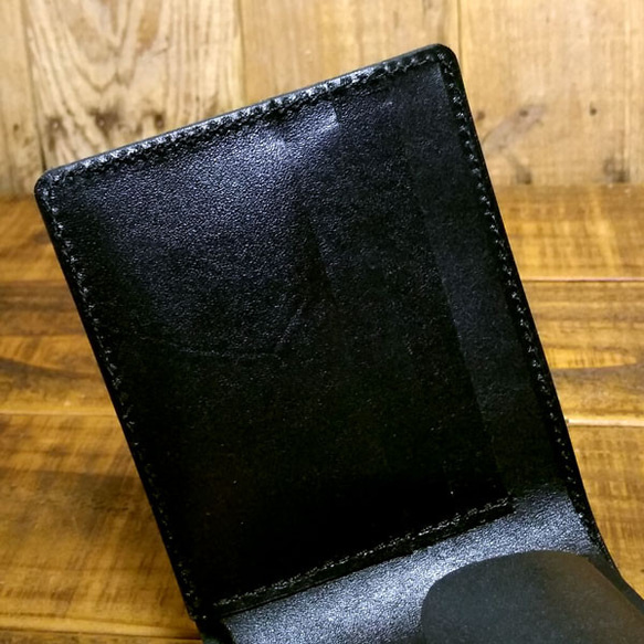 送料無料 栃木レザー ハーフウォレット 二つ折り財布 小銭入れつき レザー 革 ヌメ革 ブラック 3枚目の画像