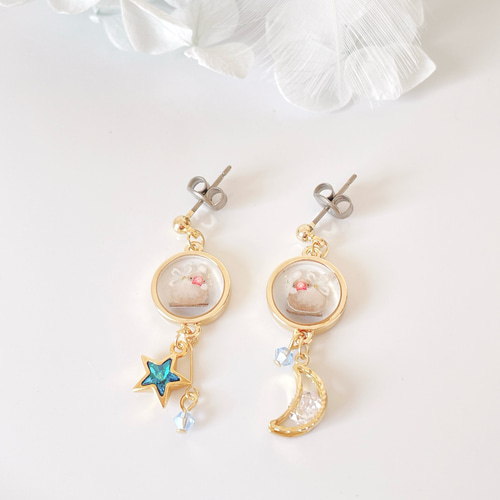 シナモン文鳥さんと月と星のイヤリング/ピアス イヤリング 