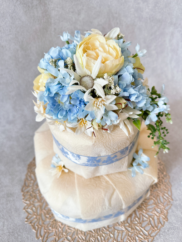 ダイパーケーキ　ブルーオムツケーキ　造花ブーケ付き　おむつケーキ　出産祝い 4枚目の画像
