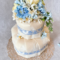 ダイパーケーキ　ブルーオムツケーキ　造花ブーケ付き　おむつケーキ　出産祝い 3枚目の画像
