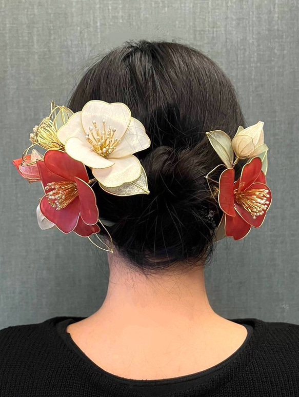 受注制作】椿の髪飾り 2点セット かんざし ディップフラワー ヘア
