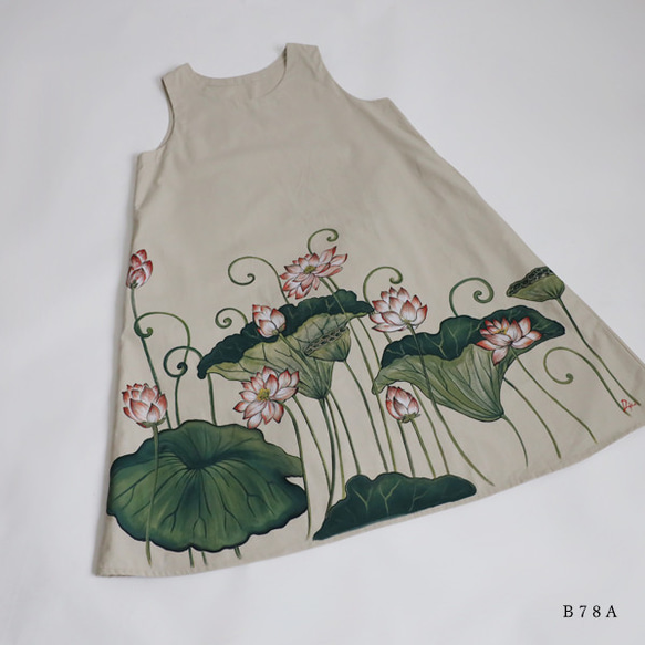 母の日ＳＡＬＥ　手描きART　和画衣　清らかに咲く蓮　ワンピース　ゆったり　ジャンパースカート　B78A 4枚目の画像