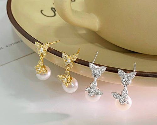 シルバー925 小ぶり ダブる蝶々 パール ピアス つけっぱなし