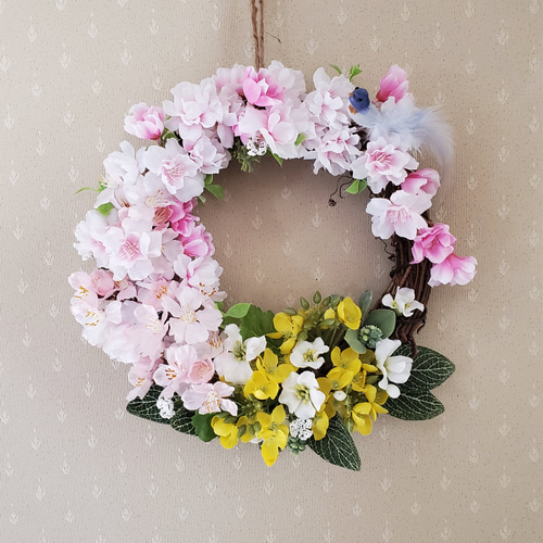 春の花畑に咲く桜と菜の花のリース、アーティフィシャルフラワー