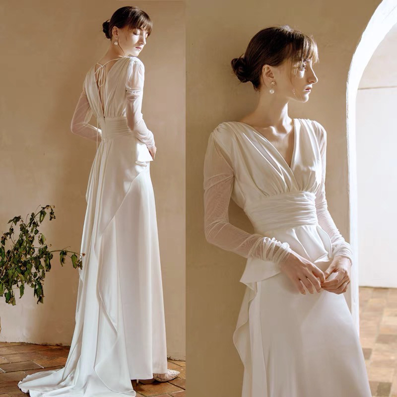 Vネック 長袖 スレンダーライン 二次会　前撮り ウェディングドレス （WD242068）