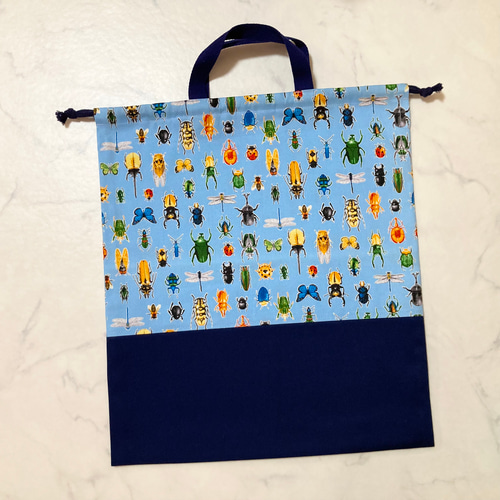 受注制作☆持ち手付き巾着袋3Lサイズ40×35（昆虫大集合柄3色展開