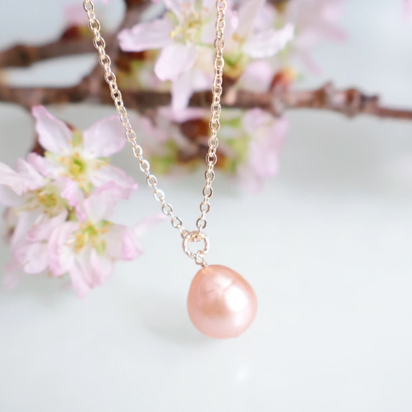 春季粉紅淡水珍珠單滴項鍊正式 14kgf 金屬防過敏禮物畢業入學典禮櫻花 第3張的照片