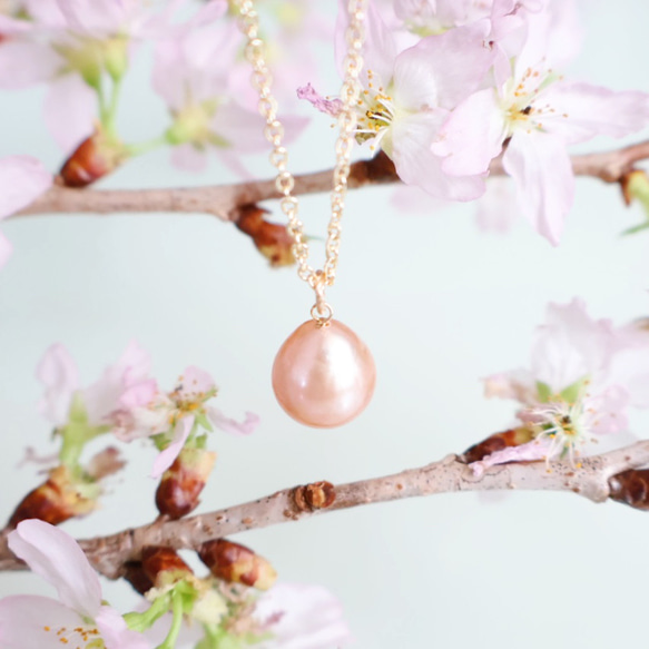 春季粉紅淡水珍珠單滴項鍊正式 14kgf 金屬防過敏禮物畢業入學典禮櫻花 第1張的照片