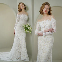 パフスリーブ スクエアネック 花柄総レースウエディングドレス ドレス