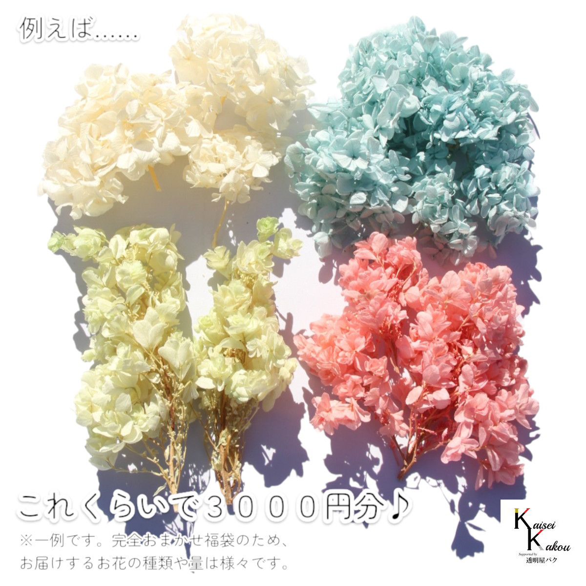 大地農園！プリザーブドフラワー「福袋　5000円　千日紅・アジサイ・カスミ草」送料無料　花材　ミニカスミ草　紫陽花