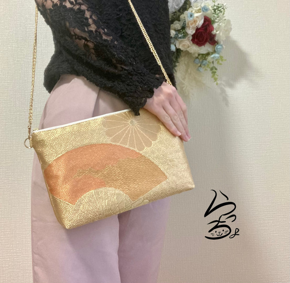 【kimono】帯リメイク 扇に菊 クラッチバッグ 6枚目の画像