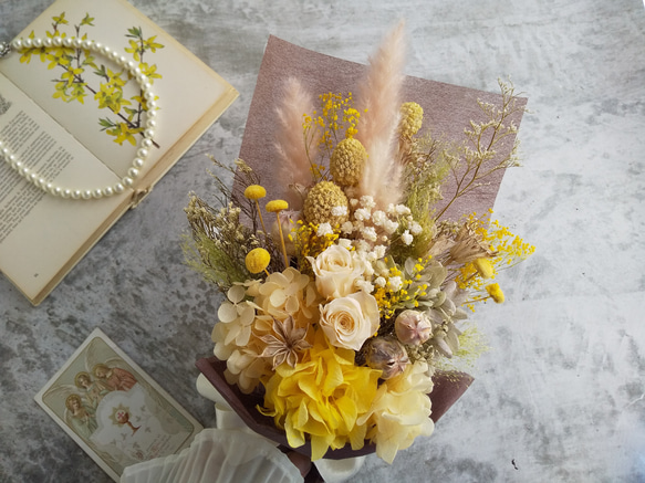 Swag bouquet ＜nanohana＞＊スワッグ＊春＊ブーケ＊スプリング＊壁掛け＊プリザーブドフラワー＊お花＊ギ 2枚目の画像