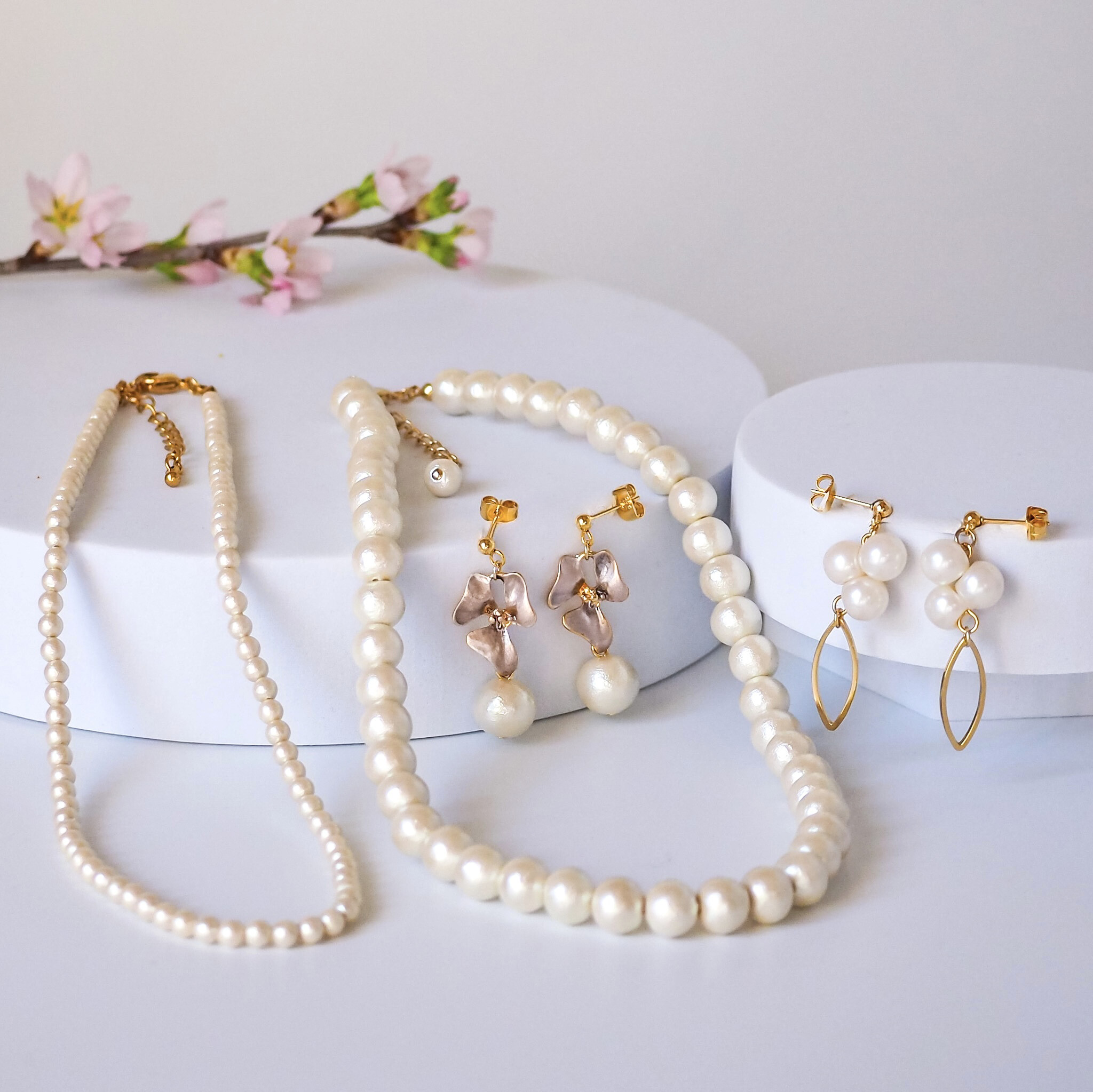 〖選べる2点セット〗耳飾り＋コットンパールネックレス  ピアス/イヤリング   セレモニー 卒業式 入学式  N134