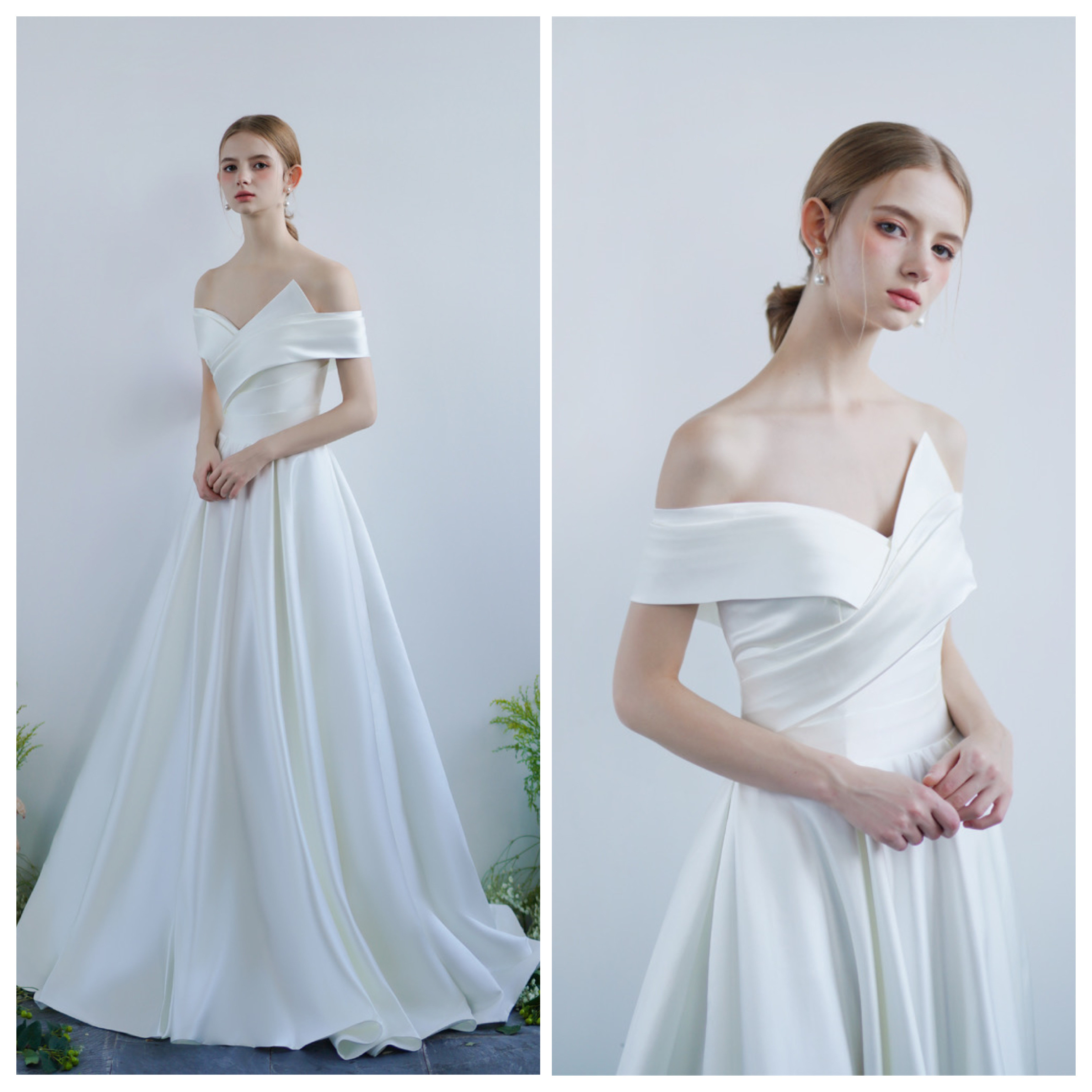 オフショルダー　サテン　ウェディングドレス  二次会 前撮りドレス（WD242087）