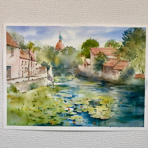 195）原画 水彩画 風景画 南フランスの小さな村 絵画 マグリット