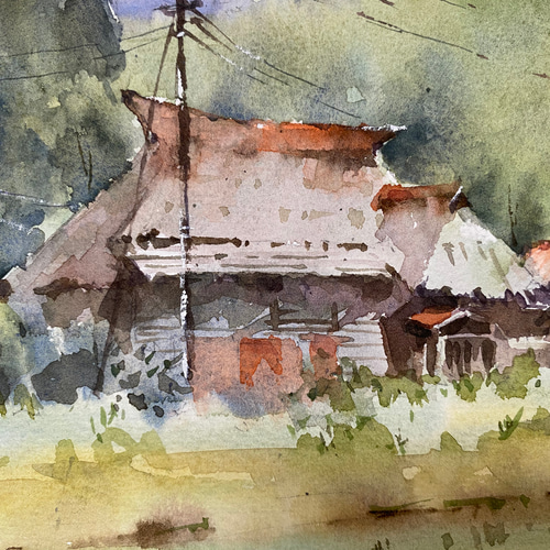196）原画 水彩画 風景画 新潟県荻の島かやぶきの里 絵画