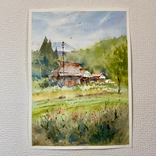 196）原画 水彩画 風景画 新潟県荻の島かやぶきの里 絵画