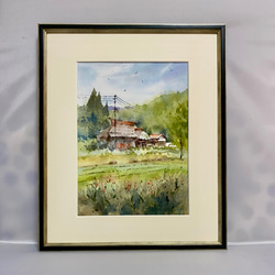 196）原画 水彩画 風景画 新潟県荻の島かやぶきの里 絵画