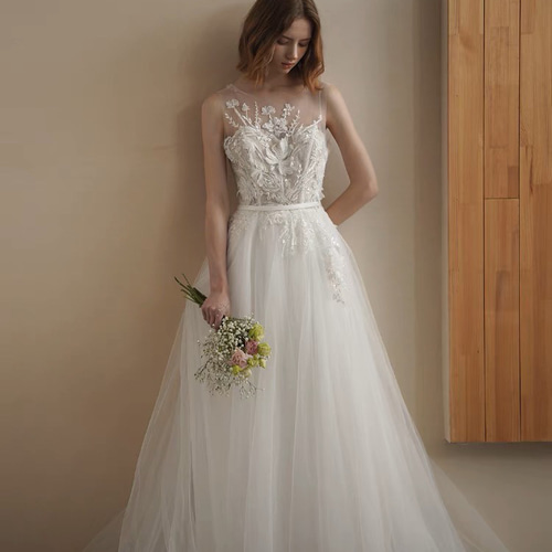 サイズオーダー可】花柄刺繍 フラワーレース Aライン ウエディング