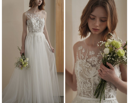 ホワイト 刺繍 Aライン ドレス　低身長 シースルーレース 刺繍 袖あり ロングトレーン Aライン ウェディング