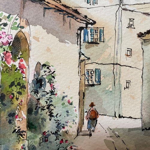 198）原画 水彩画 風景画 南フランスの小さな村 絵画 マグリット0125