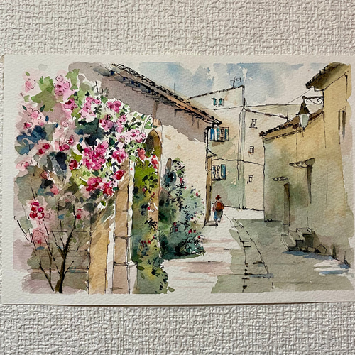 198）原画 水彩画 風景画 南フランスの小さな村 絵画 マグリット0125