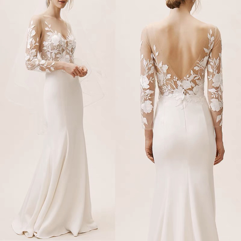 ロングスリーブ　フラワーレース 背中見せ サテン　二次会　前撮り　ウェディングドレス（WD242093）