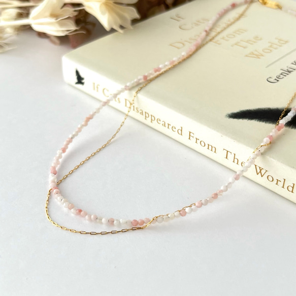 柔らかな桜色 ピンクオパールの2連ネックレス ステンレス製