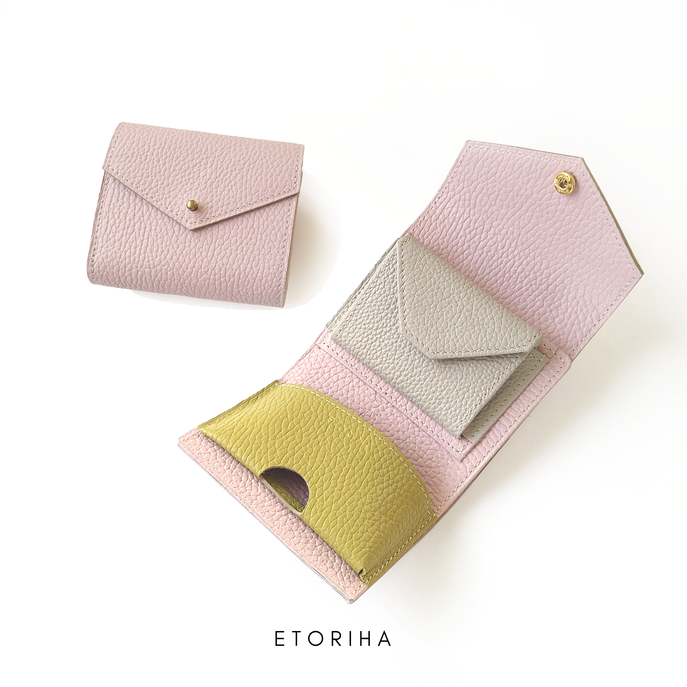 tayori｜手のひらサイズ＋収納力◎の三つ折り財布［col:shun-you］サクラ×グリーン  イタリア製レザー
