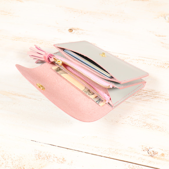 【SALE】かわいい　本革　アコーディオン　コンパクト財布　ペールグレー/さくら色Ⅰ 4枚目の画像