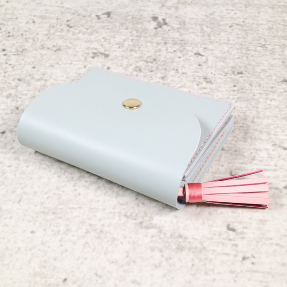 【SALE】かわいい　本革　アコーディオン　コンパクト財布　ペールグレー/さくら色Ⅱ　ミニ財布 6枚目の画像