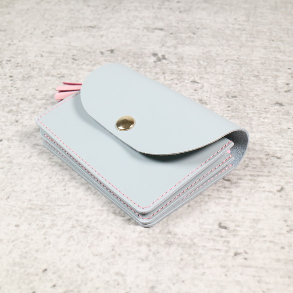 【SALE】かわいい　本革　アコーディオン　コンパクト財布　ペールグレー/さくら色Ⅱ　ミニ財布 5枚目の画像