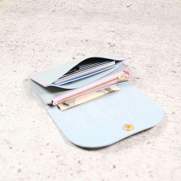 【SALE】かわいい　本革　アコーディオン　コンパクト財布　ペールグレー/さくら色Ⅱ　ミニ財布 3枚目の画像