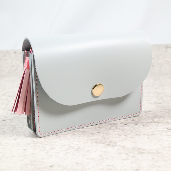 【SALE】かわいい　本革　アコーディオン　コンパクト財布　ペールグレー/さくら色Ⅱ　ミニ財布 2枚目の画像