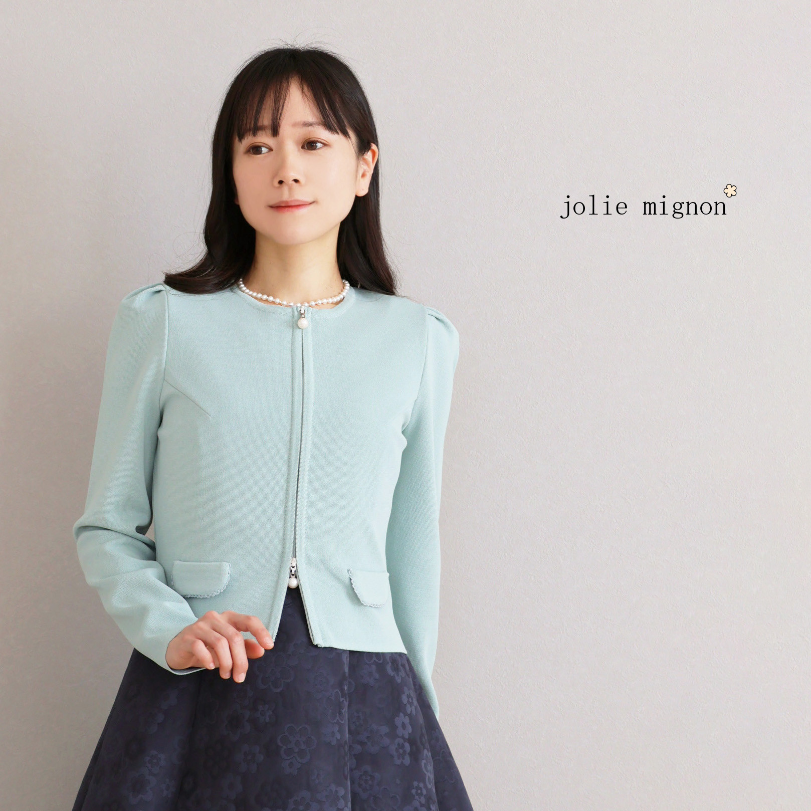 【選べる5色◎】パール付き ジップアップニットジャケット【グレイッシュミント】