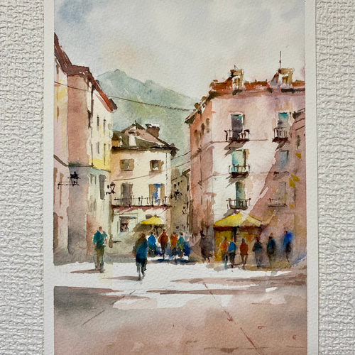 199）原画 水彩画 風景画 イタリアの小さな村 絵画 マグリット0125